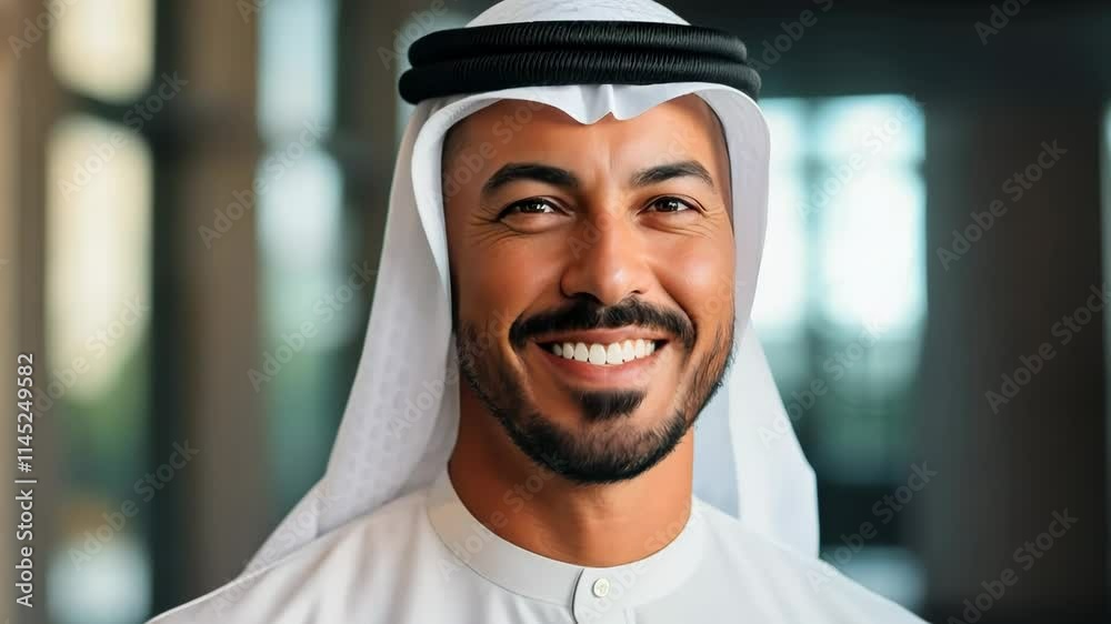 Portrait of an Arab man wearing keffiyeh, smiling and looking at the camera. Indoors. Generative Ai. Zoom. 4k. video. resolution.
Portrait of an Arab man wearing keffiyeh, smiling and looking at the camera. Indoors. Generative Ai. Zoom. 4k. video. resolution.