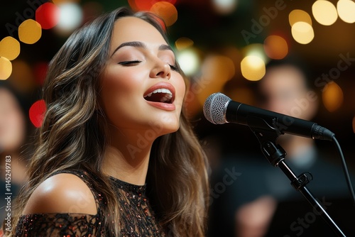 A woman expresses passion while singing into a mic, her performance intense and engaging. She stands against festive, blurred lights, deeply engrossed in music.