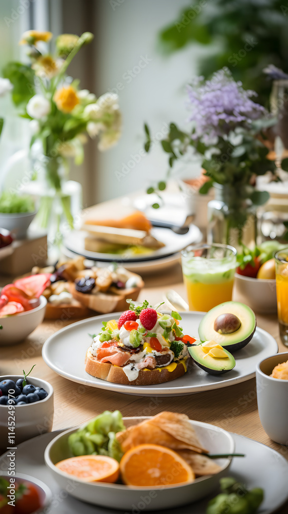 Rustic Sunday Brunch Spread: Assortment of Baked Goods, Avocado Toasts, Fresh Fruit, and Coffee