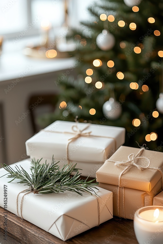 Under a beautifully decorated Christmas tree are elegant presents and glowing candles, capturing the essence of warmth and joy during the holiday season. Under a beautifully decorated Christmas tree are elegant presents and glowing candles, capturing the essence of warmth and joy during the holiday season.
