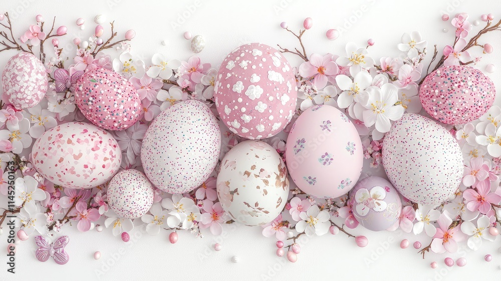 Pastel pink Easter eggs decorated with flowers and sprinkles. Pastel pink Easter eggs decorated with flowers and sprinkles.