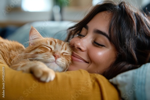 A relaxed woman snuggles her ginger cat, sharing a serene moment filled with love and peace, encapsulated by a warm and tranquil domestic environment.