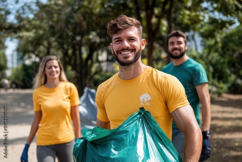 A group of three cheerful volunteers wearing colorful shirts and working together to clean a park, conveying unity and environmental responsibility.