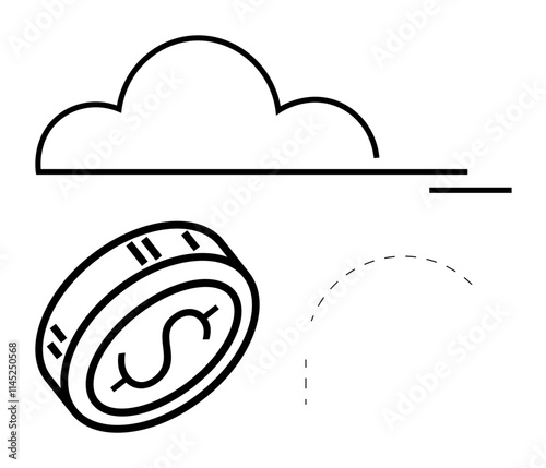 Dollar coin flipping in mid-air under a cloud with dashed trajectory line indicating motion. Ideal for finance, decision making, probability, luck, gambling, investment, savings. Line metaphor
