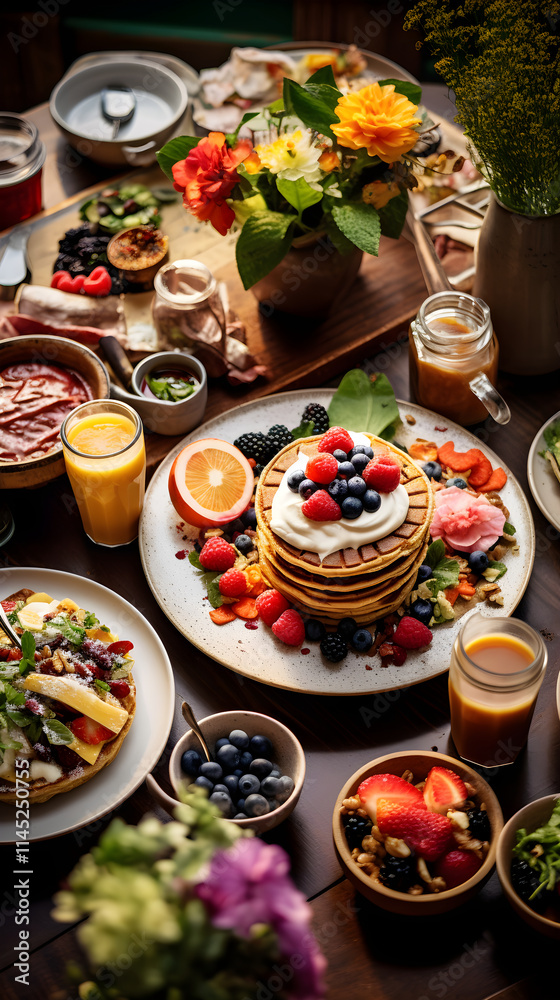 Rustic Sunday Brunch Spread: Assortment of Baked Goods, Avocado Toasts, Fresh Fruit, and Coffee Rustic Sunday Brunch Spread: Assortment of Baked Goods, Avocado Toasts, Fresh Fruit, and Coffee
