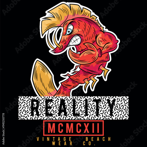 Lobster design with a high hairstyle and surfer style, with large tongs and a board to tame the big waves, design with vacation texts and beaches from different coasts.