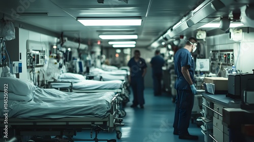 A Navy hospital with medical staff equipment and beds prepared for emergencies.