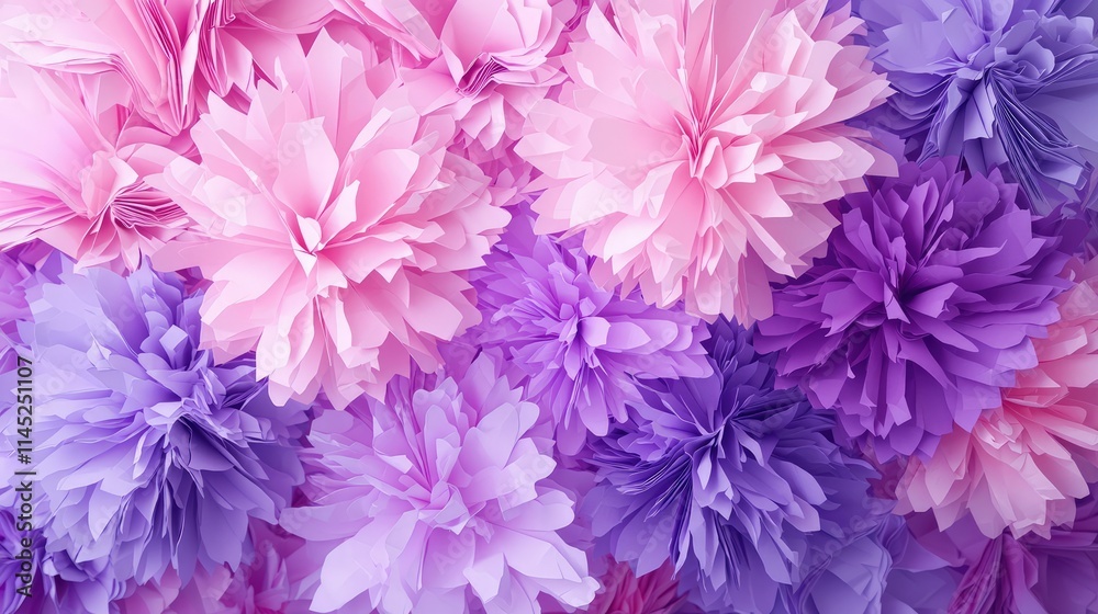 Obraz premium Colorful paper pom-poms in shades of pink and purple create a vibrant floral pattern.