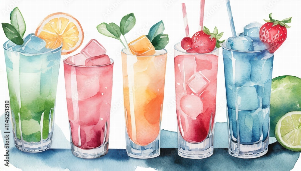 Artistic Watercolor Cocktail Drinks Set on White Background A Vibrant Collection of Refreshing Beverages Perfect for Summer Parties and Celebrations, Showcasing Unique Colors and Styles Artistic Watercolor Cocktail Drinks Set on White Background A Vibrant Collection of Refreshing Beverages Perfect for Summer Parties and Celebrations, Showcasing Unique Colors and Styles