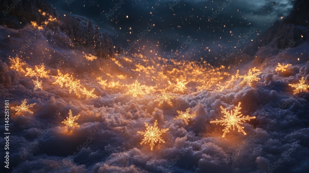Paisaje nevado con copos de nieve iluminados Paisaje nevado con copos de nieve iluminados