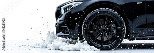 modern black stylish car in foam on a car wash on white background with copy space. car care banner with place for text minimalism. no people. self-service car wash