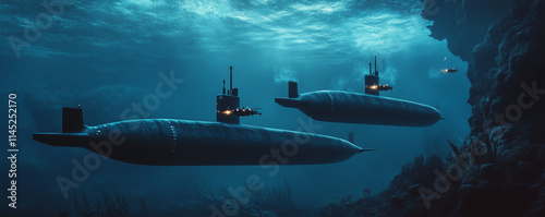 Modern underwater battlefield featuring advanced submarines engaged in tactical maneuvers during a covert mission