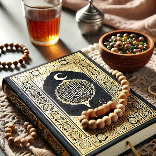 Rehal with Koran and prayer beads for Ramadan on light background
 photo