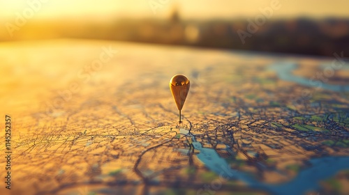 A pin marking a coastal city on a textured map the sunlight reflecting off its polished surface. photo