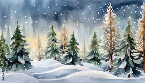 Enchanting Watercolor Illustration of a Snowy Forest with Lush Christmas Trees, Capturing the Serene Beauty of Winter Nature and the Magic of the Holiday Season in a Stunning Artistic Style