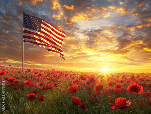 An American flag waving in a vibrant poppy field during a stunning sunset. Perfect for patriotic or remembrance-themed projects. photo