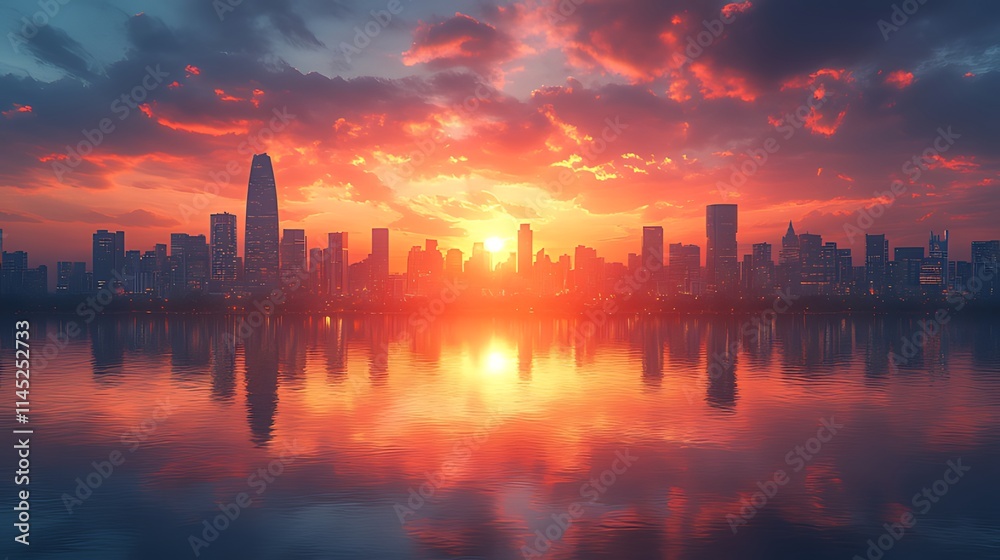 Vibrant cityscape sunrise reflected in calm water. Vibrant cityscape sunrise reflected in calm water.