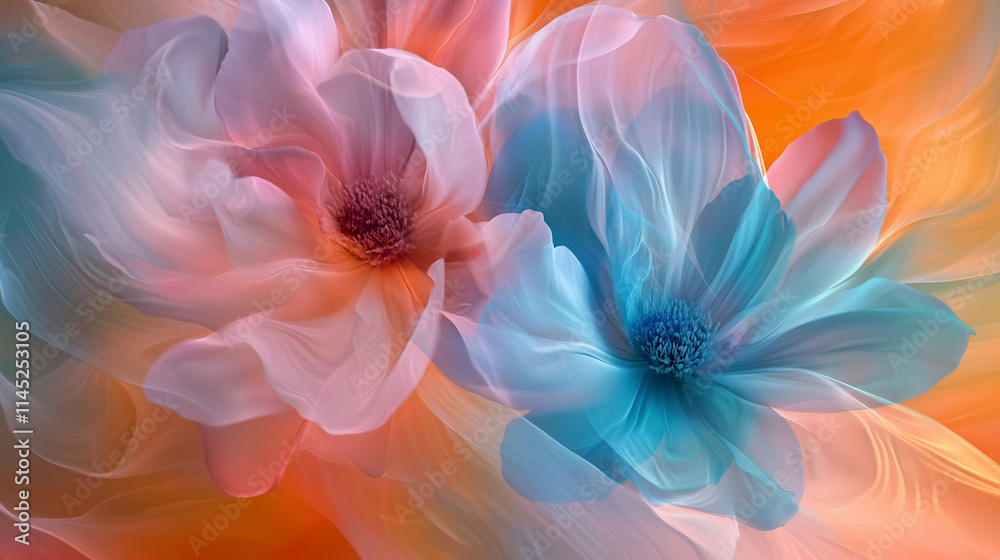 Obraz premium Delicate abstract flowers in pastel tones of blue, pink, and orange, creating a dreamy and artistic composition. Ideal for romantic or creative projects.
