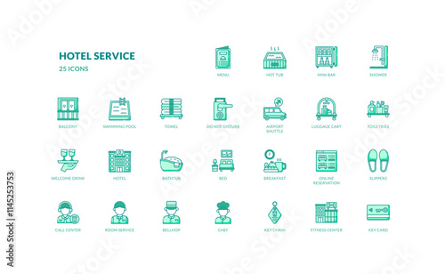 Hotel service hospitality accommodation for travel vacation green filled line icon set