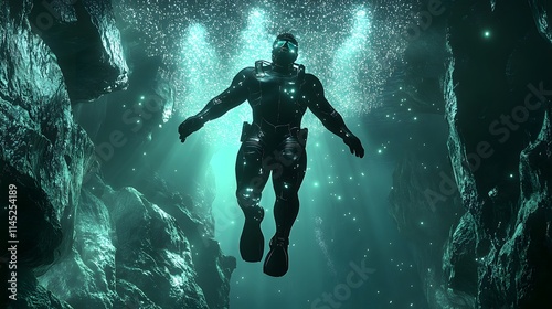 A powerful male figure in a black scuba suit gliding through a shadowy underwater canyon surrounded by faint bioluminescent glows. photo