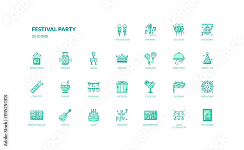Festival party decoration with various entertainment green filled line icon set