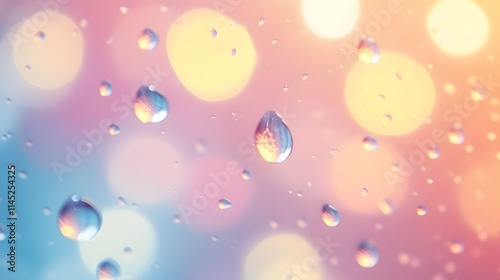 A high-resolution photograph of rain droplets on a smooth glass surface with blurred background lights.