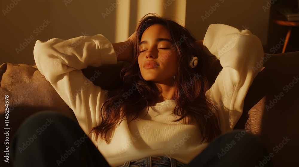 Relaxing moment of a young woman enjoying music in a cozy living room during the afternoon sunshine Relaxing moment of a young woman enjoying music in a cozy living room during the afternoon sunshine