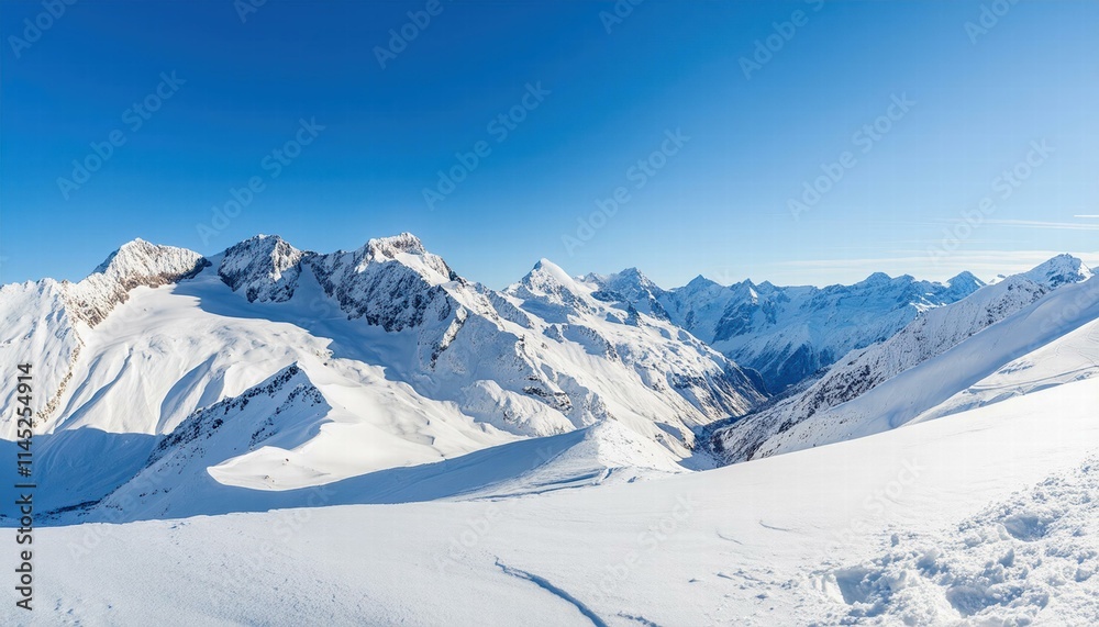 Breathtaking Wide Angle View of Majestic White Snowy Mountain Range Under a Clear Blue Sky During Cold Winter Season, Perfect for Nature Lovers and Landscape Photography Enthusiasts Breathtaking Wide Angle View of Majestic White Snowy Mountain Range Under a Clear Blue Sky During Cold Winter Season, Perfect for Nature Lovers and Landscape Photography Enthusiasts