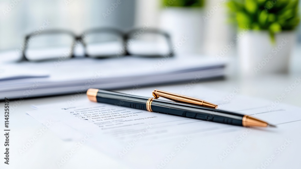 Pen rests on paperwork near glasses. Pen rests on paperwork near glasses.