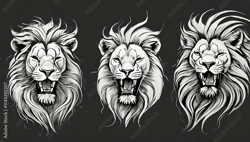 Wild Roaring Lion King Head Tattoo Set Stunning Front and Side View Predator Face Designs Featuring Majestic Black Lion Heads for Bold Body Art Enthusiasts Wild Roaring Lion King Head Tattoo Set Stunning Front and Side View Predator Face Designs Featuring Majestic Black Lion Heads for Bold Body Art Enthusiasts