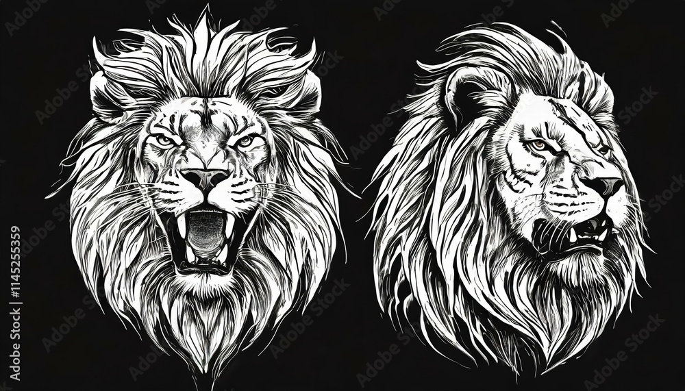Majestic Wild Roaring Lion King Head Tattoo Set Front and Side View Predator Faces in Striking Black Ink Design for Bold Statement Tattoos Majestic Wild Roaring Lion King Head Tattoo Set Front and Side View Predator Faces in Striking Black Ink Design for Bold Statement Tattoos