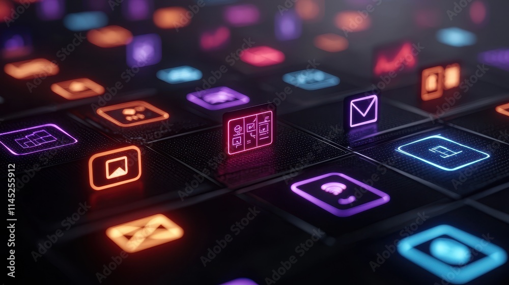 Obraz premium Colorful Digital Icons on Dark Background with Neon Effects