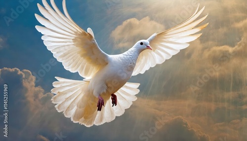 Winged Dove Symbolizing the Holy Spirit A Beautiful Representation from the New Testament, Capturing the Essence of Peace, Purity, and Divine Guidance in a Stunning Visual Format. photo