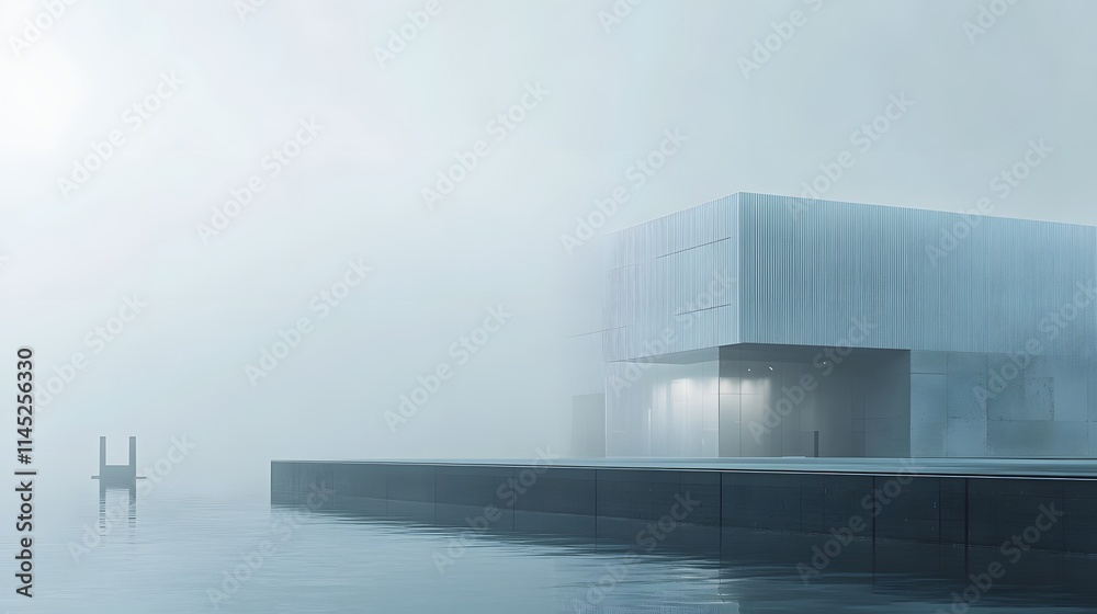 Fototapeta premium A minimalist elevation of a ship facility featuring simple cube forms arranged in subtle Morse patterns.