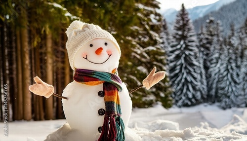 Delightful Winter Holiday Christmas Background Banner Featuring a Closeup of a Cute and Funny Laughing Snowman with a Cheerful Woo Expression Perfect for Festive Celebrations