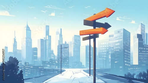 A minimalist trail post with clean sharp metal signs pointing to urban landmarks set in a bustling city.