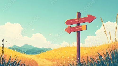 A minimalistic trail post with simple arrow signs in pastel colors pointing to various landmarks set in a sunny field.