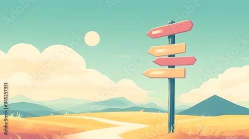 A minimalistic trail post with simple arrow signs in pastel colors pointing to various landmarks set in a sunny field.