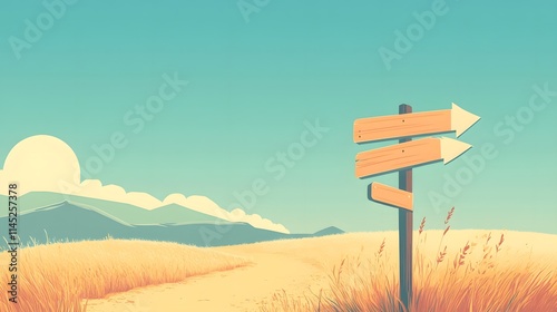 A minimalistic trail post with simple arrow signs in pastel colors pointing to various landmarks set in a sunny field.