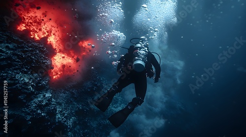 Wallpaper Mural A sleek male diver in black scuba gear exploring the base of an underwater volcano surrounded by plumes of rising bubbles and faint red light. Torontodigital.ca