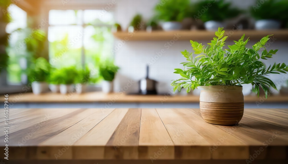 Elegant Wood Table Top Adorned with Lush Green Plants on a Blurred Kitchen Counter Background, Perfect for Showcasing Natural Decor and Modern Interior Design Aesthetics Elegant Wood Table Top Adorned with Lush Green Plants on a Blurred Kitchen Counter Background, Perfect for Showcasing Natural Decor and Modern Interior Design Aesthetics