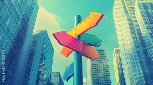 A modern trail post with flat colorful arrow signs pointing to city attractions surrounded by skyscrapers.