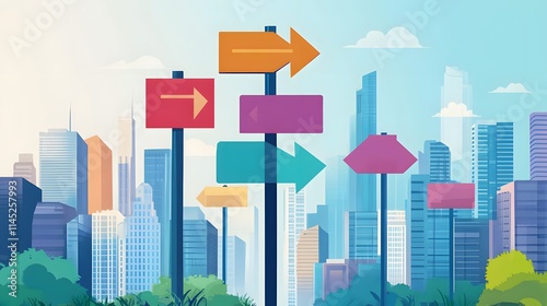 A modern trail post with flat colorful arrow signs pointing to city attractions surrounded by skyscrapers.