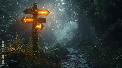 A mystical trail post entwined with vines with glowing signs pointing towards fantasy realms set in an enchanted forest. photo