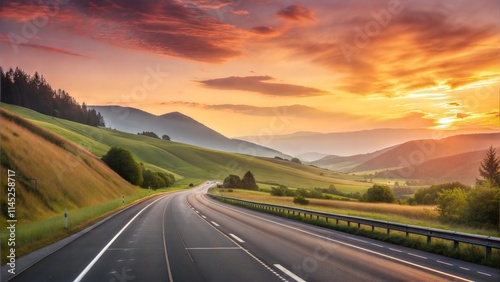 Road Trip - Scenic Landscape With Highway At Sunrise