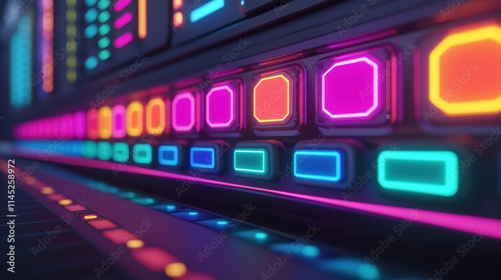 Vibrant Neon Lights on Control Panel with Colorful Glow Effects Vibrant Neon Lights on Control Panel with Colorful Glow Effects