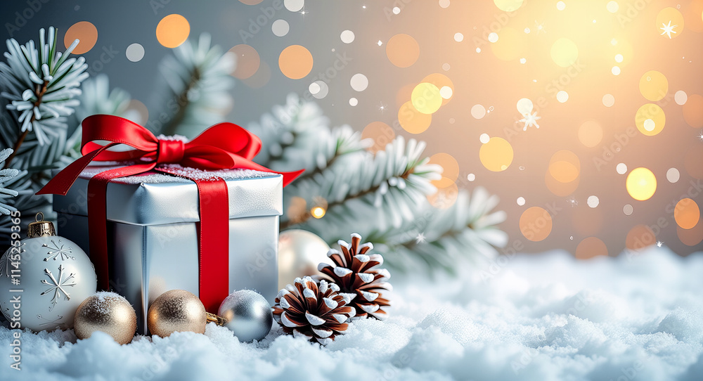Festive Christmas Scene with Gift Box and Pinecones Festive Christmas Scene with Gift Box and Pinecones