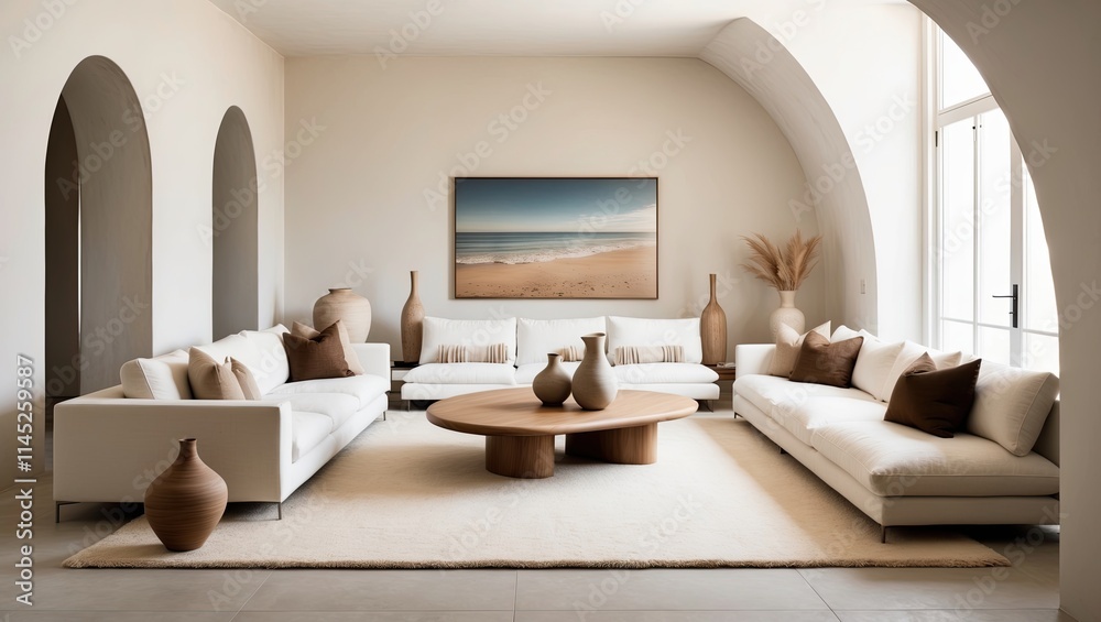 Fototapeta premium Showcases a modern decorative minimalist living room with white sofa set and pottery