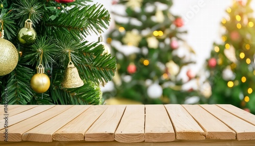 Exquisite Wooden Table Top Mockup Featuring a Festive Christmas Tree Background Perfect for Showcasing Your Holiday Decor and Furniture Designs in a Warm, Inviting Atmosphere photo