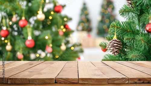 Elegant Wooden Table Top Display Mockup with Festive Christmas Tree Background Perfect for Showcasing Holiday Decor, Seasonal Products, and Festive Promotions